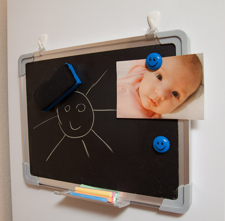 Chalkboard Set - Small Black Board 15 x 12 + 1 Magnetic Chalk Eraser, 14 Chalk Sticks (7 Colors) and 2 Magnets - Mini Hanging Wall Message Sign Blackboard for Home Office Kids (15x12 Landscape)