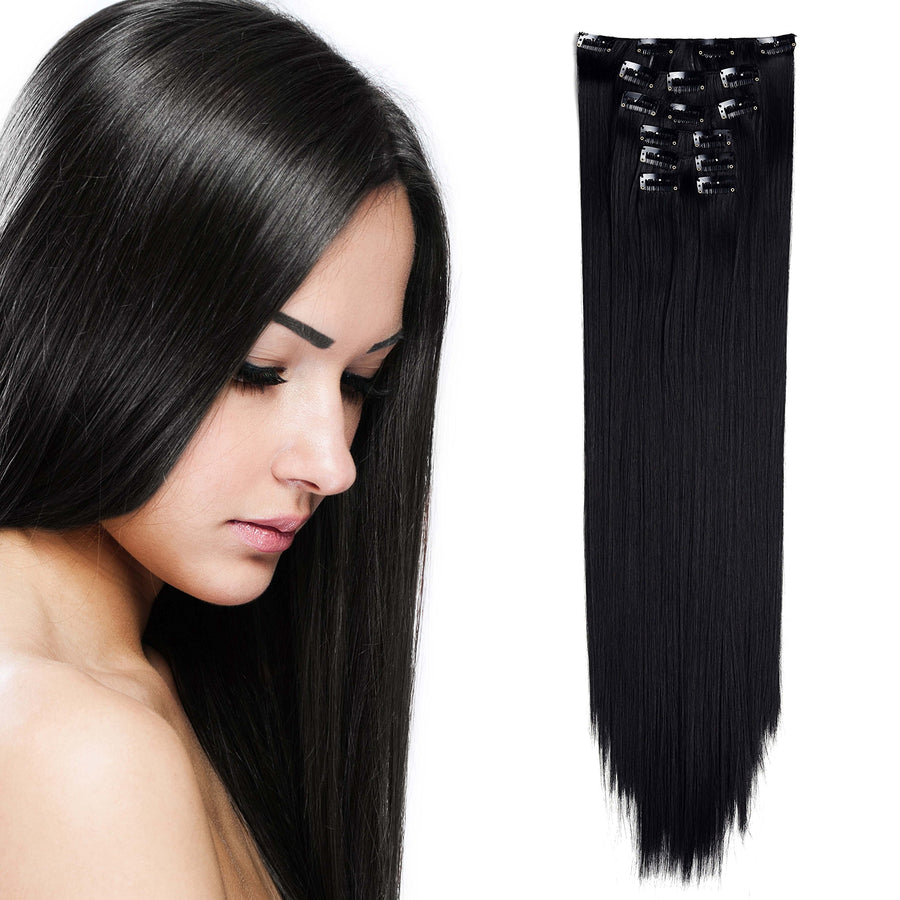 24 Straight Full Head Clip In Synthetic Hair Extensions 7pcs 140g (1b Off Black)
