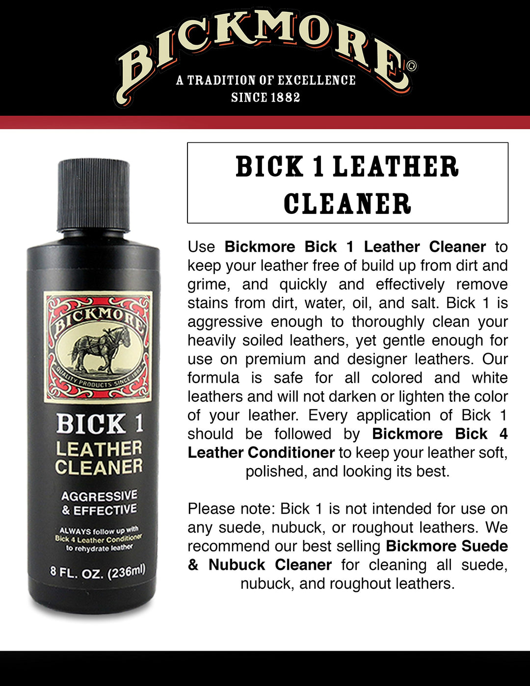 Bick 1 Leather Cleaner 8 oz - Clean Dirt, Oil, Sweat, Salt, and Water Stains from All Colored, White, and Black Leather