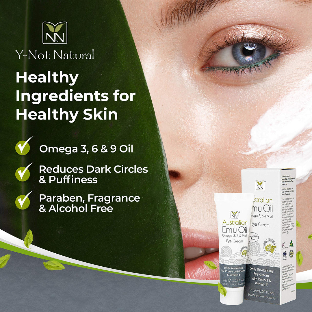 Y-Not Natural - Emu Oil Daily Revitalizing Eye Cream with Retinol, Vitamin E, A, C & D (15 g Tube) | SPF 15 Sun Protection Anti Aging Facial Skin Care to Reduce Puffiness, Fine Lines & Dark Spots