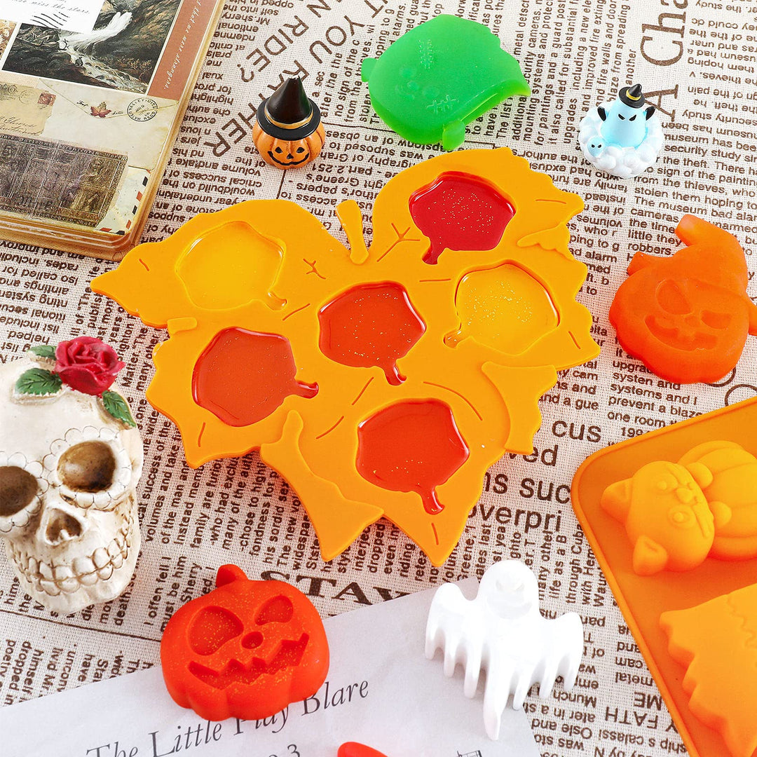 4Pcs Halloween Silicone Molds Rectangle Leaf Pumpkin Shape Candy Mould Tray Pumpkin Ghost Bat Skull Fondant Chocolate Moulds for DIY Craft Cupcake Cake Topper Decor Soap Jelly, Orange