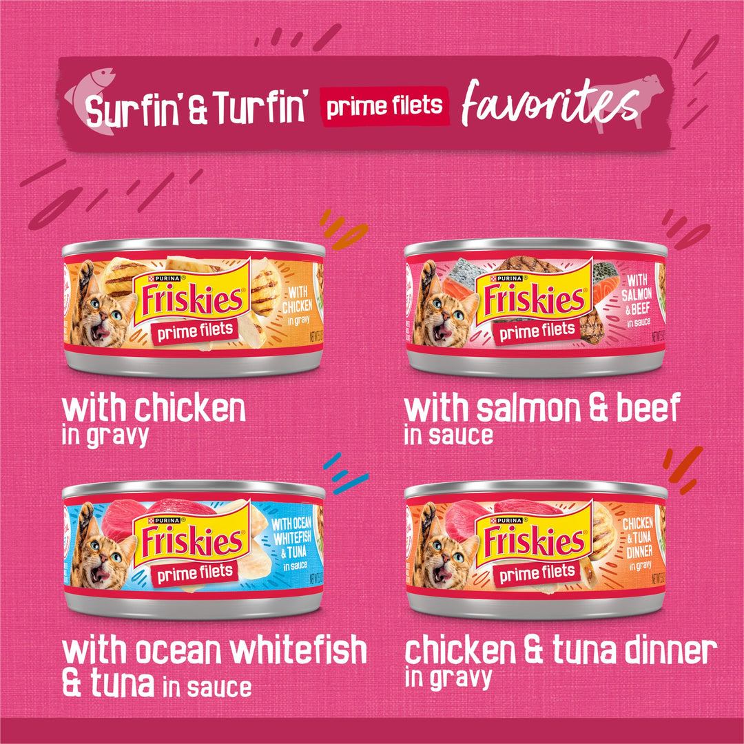 Friskies Gravy Wet Cat Food Variety Pack, Surfin’ and Turfin’ Prime Filets Favorites - (Pack of 40) 5.5 oz. Cans