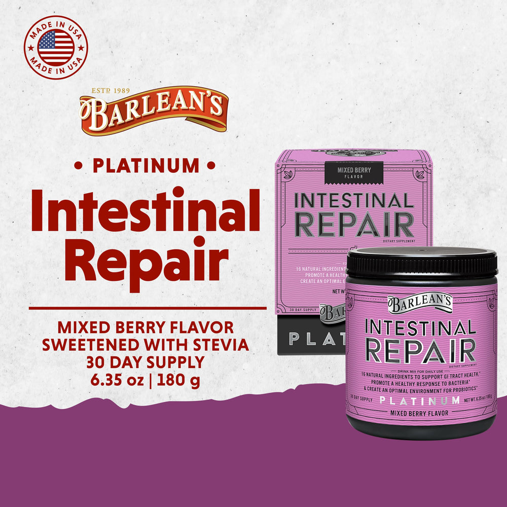 Barlean’s Intestinal Repair Gut Health Powder with 16 Digestive Supplements, L-Glutamine, Marshmallow & Licorice Root, Aloe Vera, and Fiber Mixed Berry Flavor, 6.35 oz