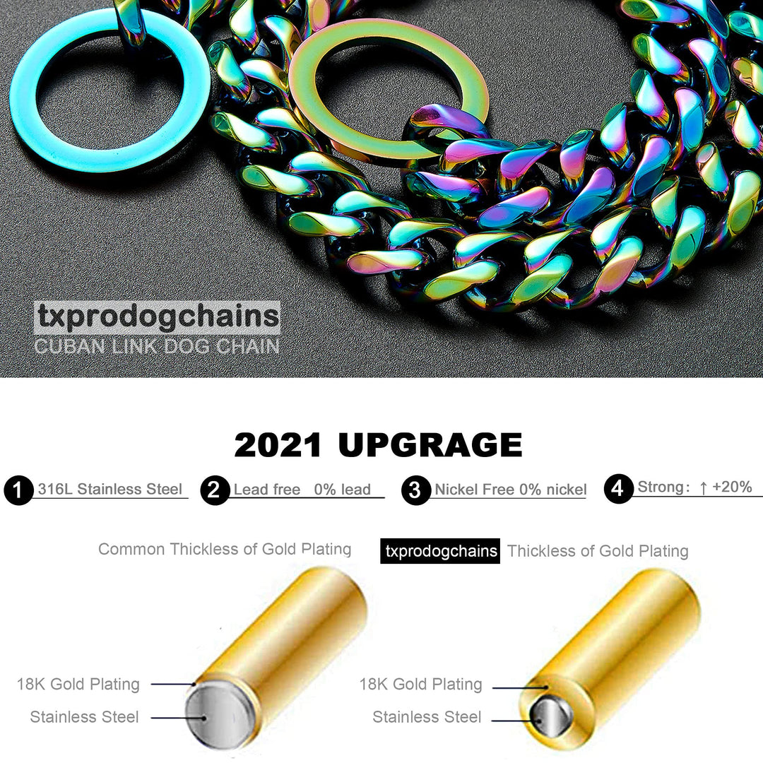 Dog Chain Collars for Dogs Chew Proof Dog Collar, 15mm Thick Color Chain Dog Collar Heavy Duty Stainless Steel Metal Cuban Link Dog Collar for Small Medium Large Dogs