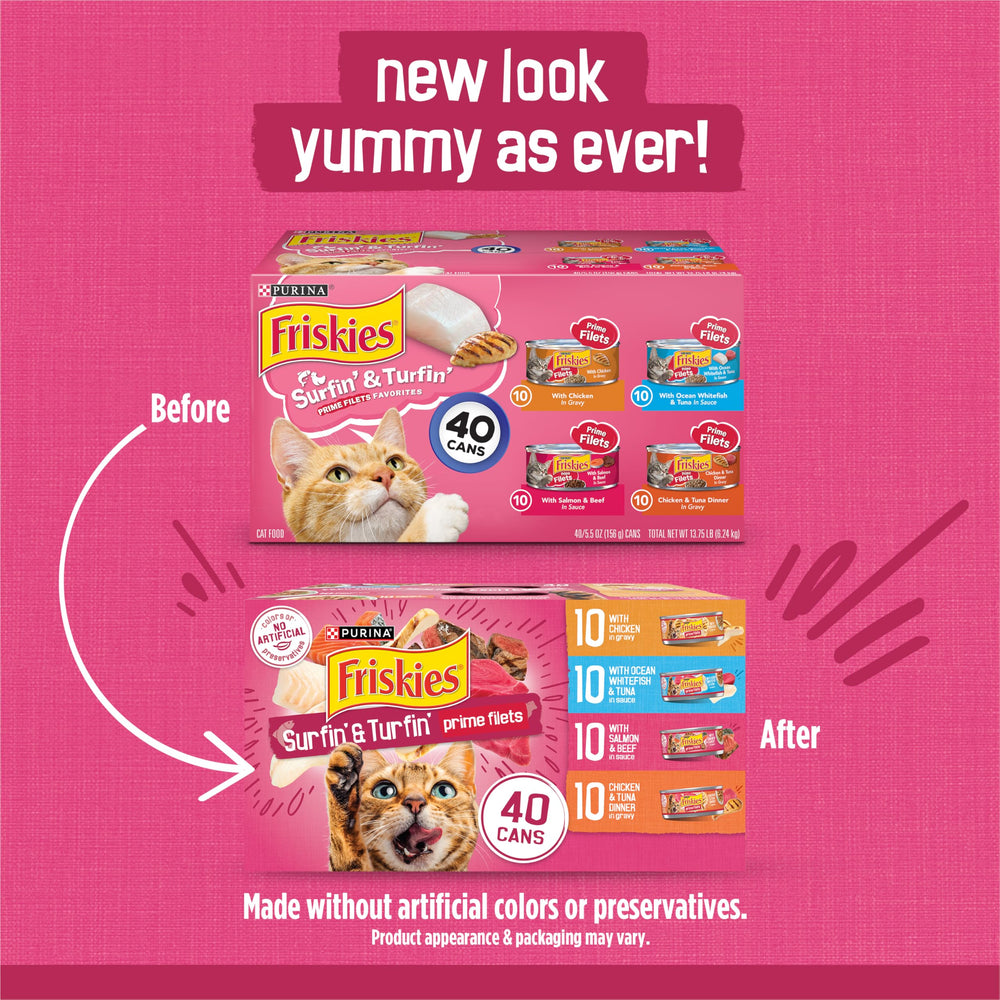 Friskies Gravy Wet Cat Food Variety Pack, Surfin’ and Turfin’ Prime Filets Favorites - (Pack of 40) 5.5 oz. Cans