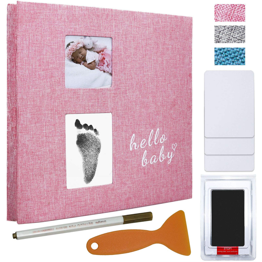 Baby Photo Album Self Adhesive Memory Book 4x6 Magnetic Scrapbook Kit with Clean-Touch Ink Pad Handprint Footprint and A Metallic Pen for Boy/Girl 2 Windows 40 Pages