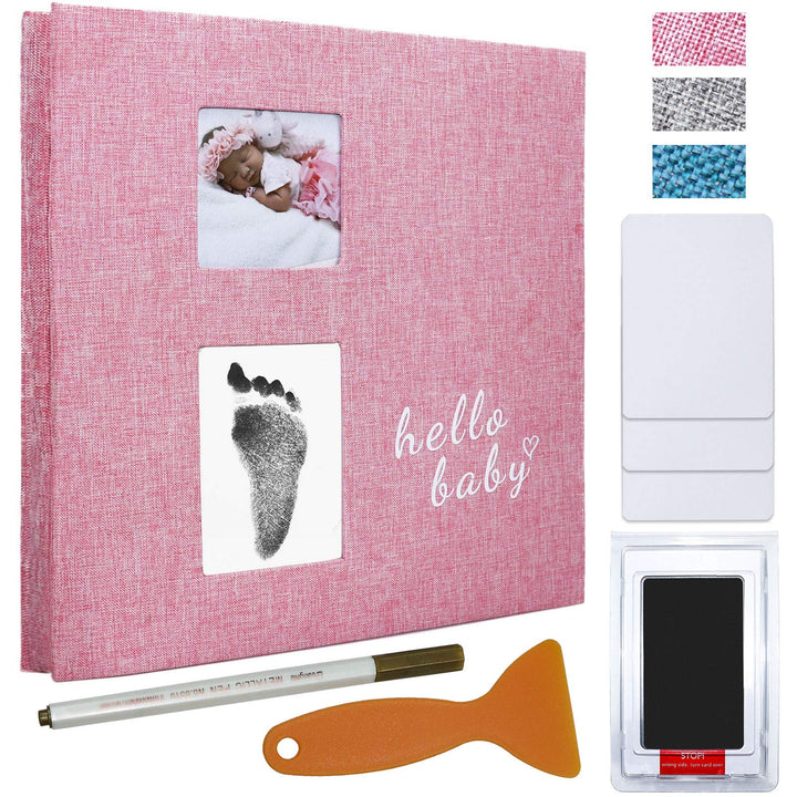 Baby Photo Album Self Adhesive Memory Book 4x6 Magnetic Scrapbook Kit with Clean-Touch Ink Pad Handprint Footprint and A Metallic Pen for Boy/Girl 2 Windows 40 Pages