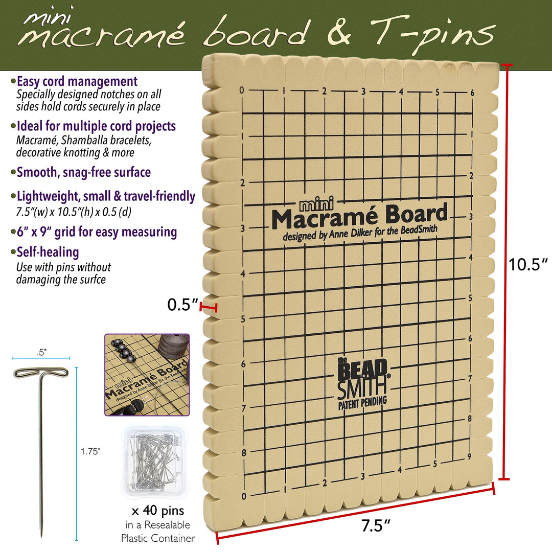 Mini Macrame Combo - Bead Board 7.5 x 10.5 inches - Box of 40 T-pins 1.75 inches - Bracelet Project & Instructions Included - Ideal for securing & creating Macrame and Knotting Creations