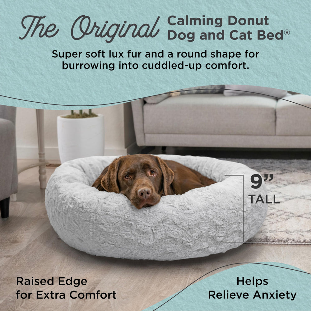 The Original Calming Donut Dog and Cat Bed in Lux Fur, Gray, Large, 36x36
