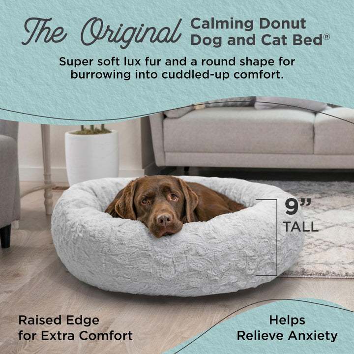 The Original Calming Donut Dog and Cat Bed in Lux Fur, Gray, Large, 36x36