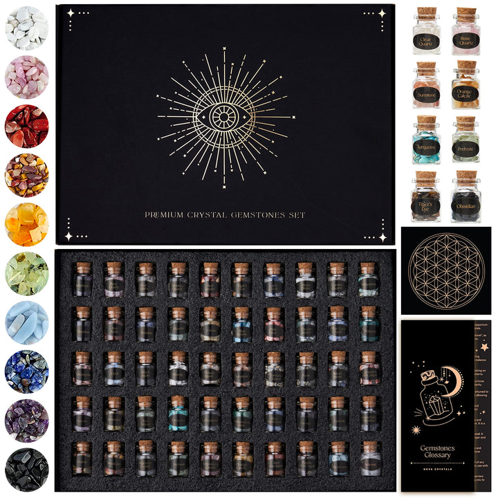 Bulk Crystals and Healing Stones | A Set of 50 Crystal Chakra Stones Wish Bottles | Healing Crystals for Beginners with Spell Jars | Real Crystals in Potion Bottles with Rare Raw Crystals and Crystal Grid