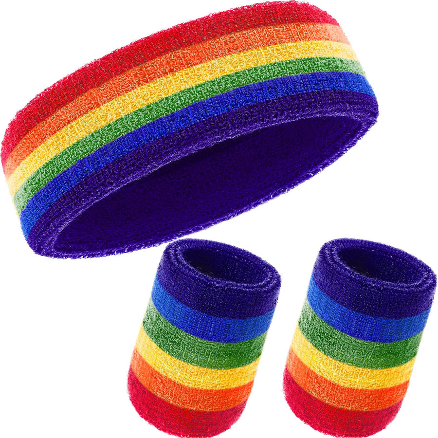 3 Pcs Sweatbands Set 80s Neon Sports Headband Tennis Striped Sweat Band Paris Sports Competitions Sports Games for Men Women Party Supplies(Rainbow,Striped Style)