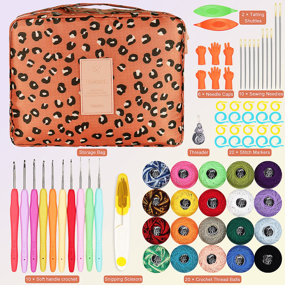 Crochet Kit Beginners Lace Crochet Hook Set with 20 Color Crochet Thread, 71PCS Crochet Set with Tiny Crochet Hooks Ergonomic Soft Grip, Travel Crochet Hook Case Full Knitting Crochet Supplies