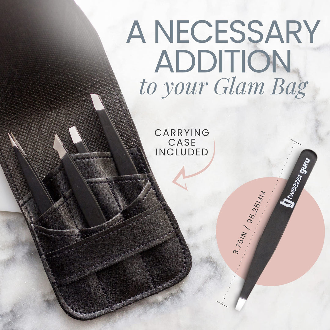 Tweezers Set 5-piece - Tweezer Guru Stainless Steel Slant Tip and Pointed Eyebrow Tweezer Set - Great Precision for Facial Hair, Ingrown Hair, Splinter and Blackhead Remover (Black) (5-Pack)