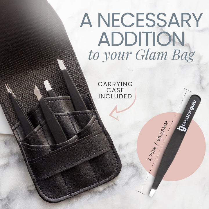 Tweezers Set 5-piece - Tweezer Guru Stainless Steel Slant Tip and Pointed Eyebrow Tweezer Set - Great Precision for Facial Hair, Ingrown Hair, Splinter and Blackhead Remover (Black) (5-Pack)