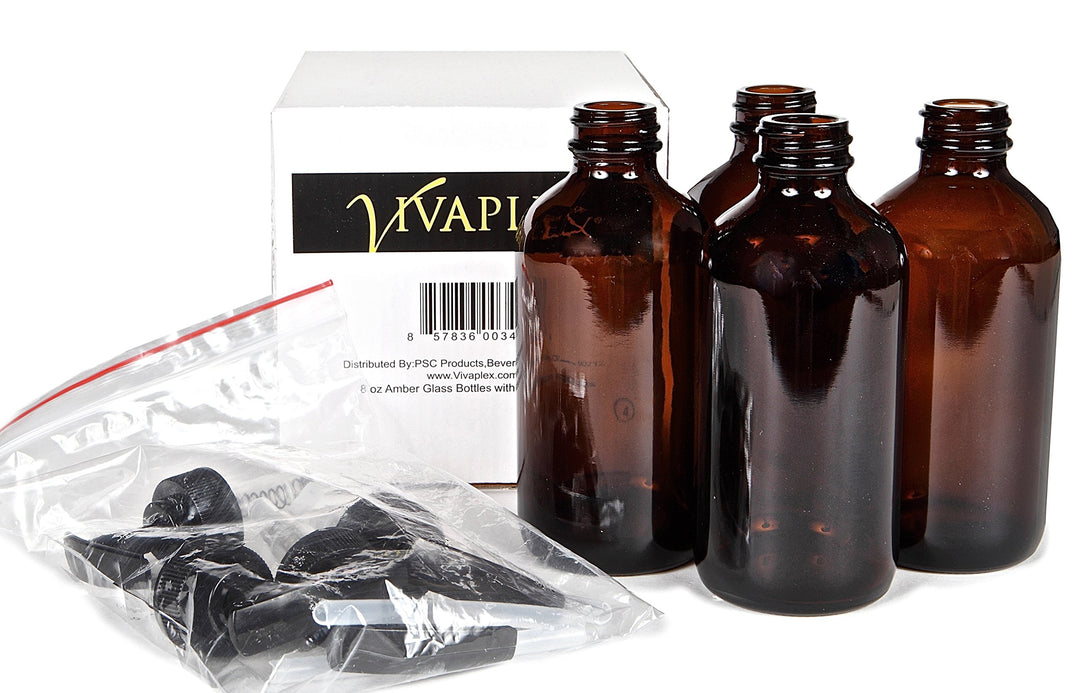 , 4, Large, 8 oz, Empty, Amber Glass Bottles with Black Lotion Pumps