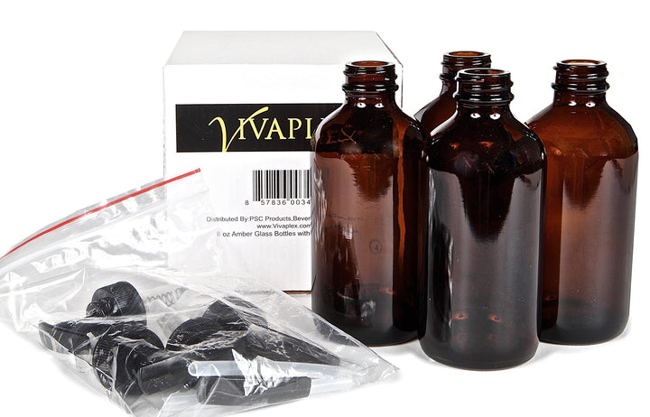 , 4, Large, 8 oz, Empty, Amber Glass Bottles with Black Lotion Pumps