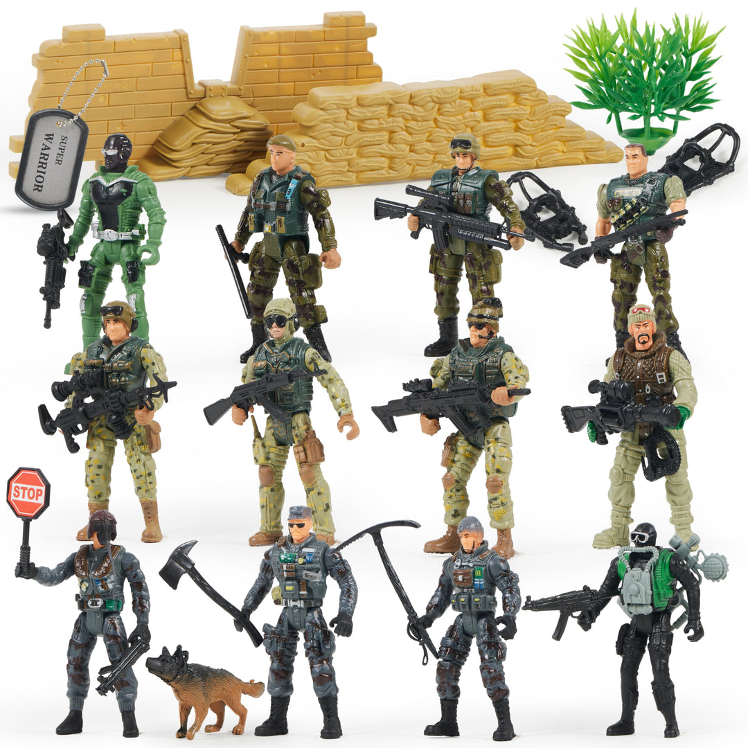 16 PCs Army Men Playset with 12 Realistic Army Ranger Men Action Figures and Weapon Gear Accessories, Military Soldiers Action Figures Playset for Boys Gift