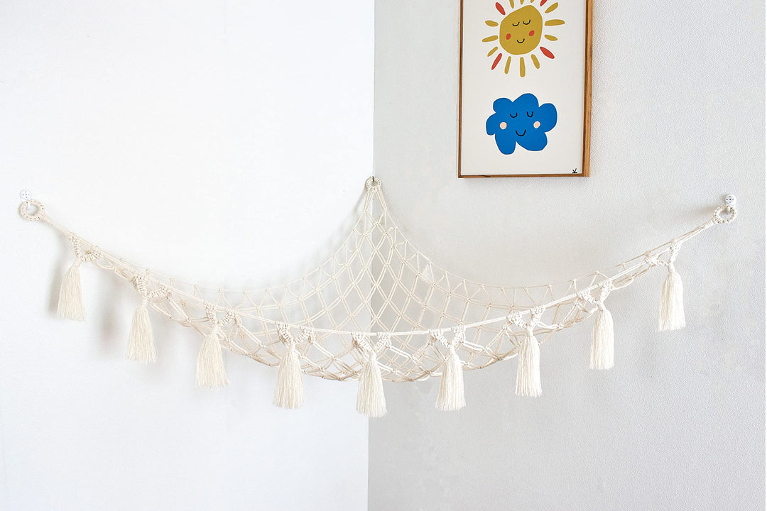 Stuffed Animal Net or Hammock – Decorative Macrame Toy Hammocks for Kids Toys, Large Soft Net with LED Start Light String, Wall Hanging Hooks, and Wooden Photo Display Clips, Toy holder