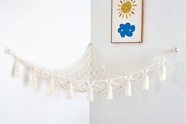 Stuffed Animal Net or Hammock – Decorative Macrame Toy Hammocks for Kids Toys, Large Soft Net with LED Start Light String, Wall Hanging Hooks, and Wooden Photo Display Clips, Toy holder