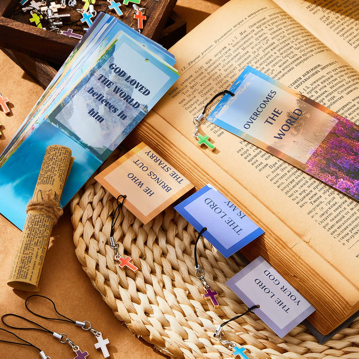 30 Pieces Bookmarks Christian with Cross Pendants Bible Verse Scripture Religious Book Mark with Inspirational Quotes Christmas Church Gifts Sunday School Supplies for Teens Adult(Warm Pattern)