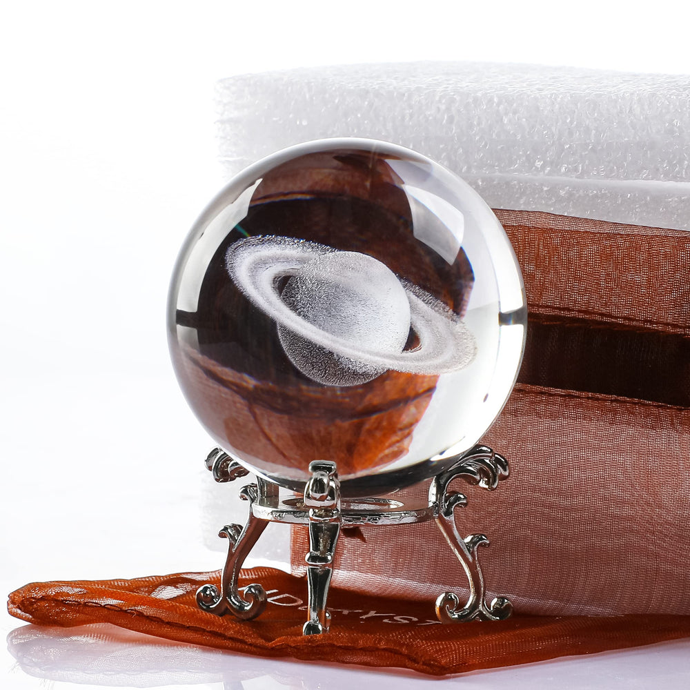 3D Glass Laser Saturn Crystal Ball with Stand 60mm Decorative Glass Ball Paperweights Space Decor for Home Astronomy Graducation Gift for Kids Boys