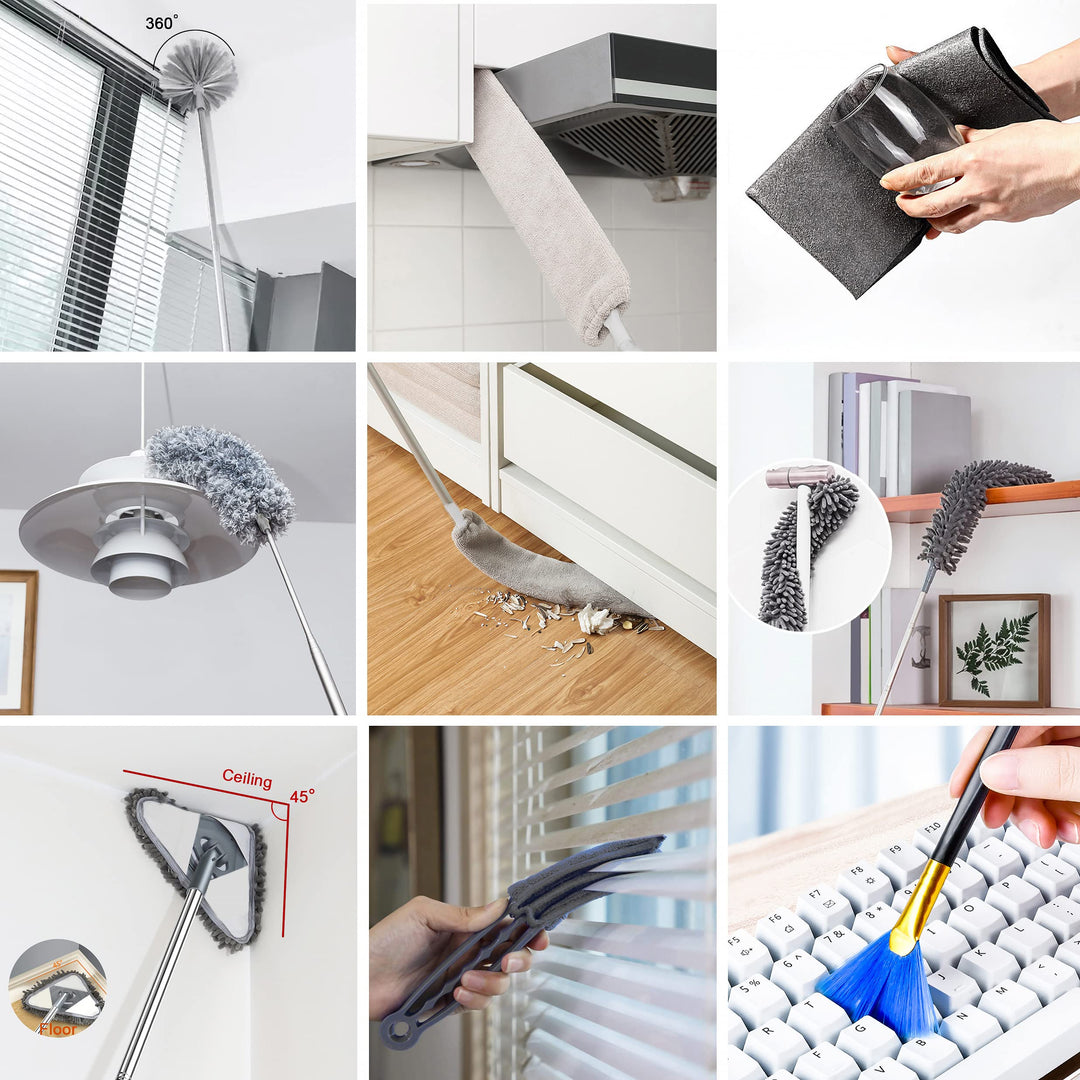 Adbzen Duster Household Cleaning Supplies Kit 16pcs Microfiber Feather Duster 100in Extension Pole Reusable Bendable Cobweb Duster Window High Ceiling Fan Gap Cleaner