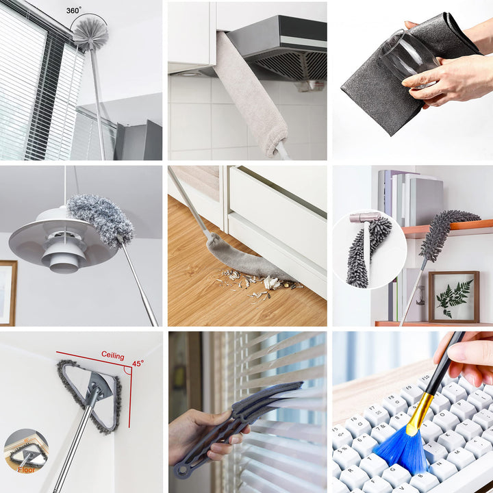 Adbzen Duster Household Cleaning Supplies Kit 16pcs Microfiber Feather Duster 100in Extension Pole Reusable Bendable Cobweb Duster Window High Ceiling Fan Gap Cleaner