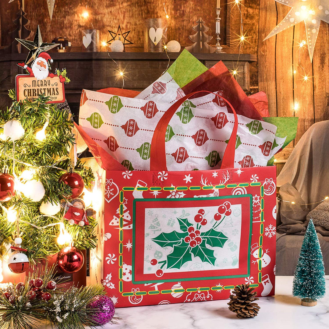 12 Pack Large Christmas Tote Bags with Handles, Reusable Gift Bag Grocery Shopping Totes for Holiday Xmas 12.8 x 9.8