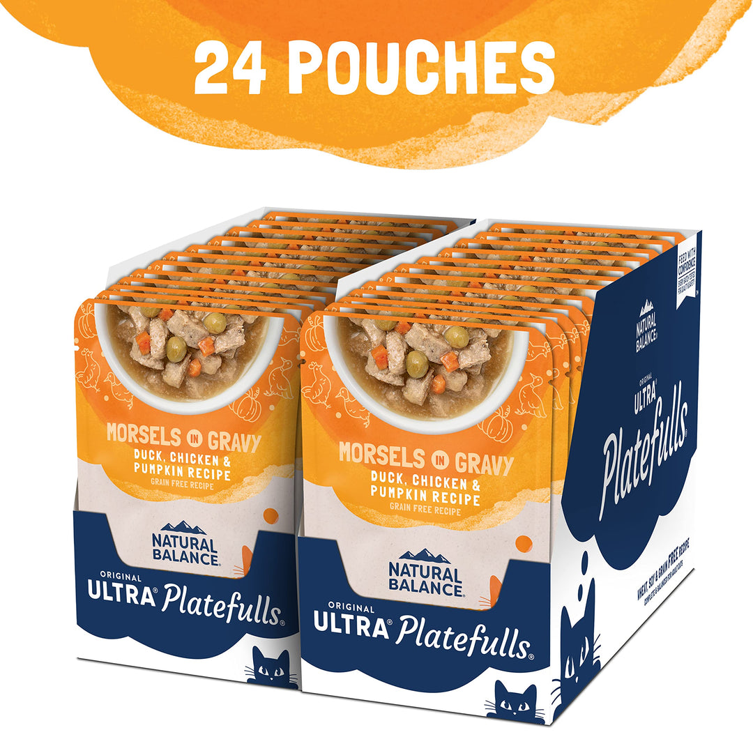 Original Ultra Platefulls Indoor Adult Grain Free Wet Cat Food, Duck, Chicken & Pumpkin Recipe, 3 Ounce Pouch (Pack of 24)