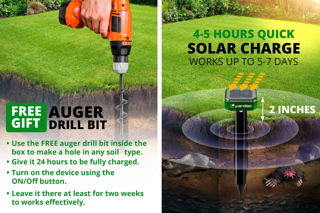Gopher Repellent Ultrasonic Solar Powered (4-Pack) - Easy to Use Solar Mole Repellent Ultrasonic with an Auger Drill Bit - IP65 Waterproof Sonic Repeller Stakes for Groundhog, Vole, Snake, etc.
