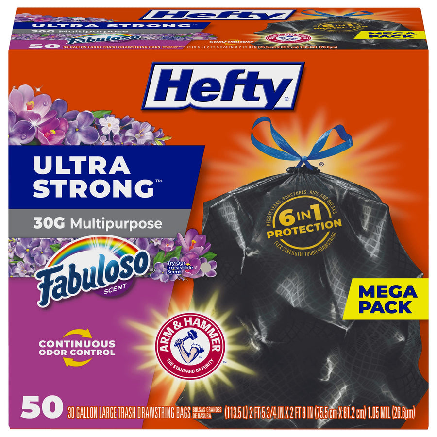Ultra Strong 30 Gallon Trash Bags, Black Large Trash Bags 30 Gallon Size, Multipurpose, Break Resistant Drawstring Closure, Resists Leaks, Punctures, and Tears, Black, Fabuloso Scent, 50 Bags