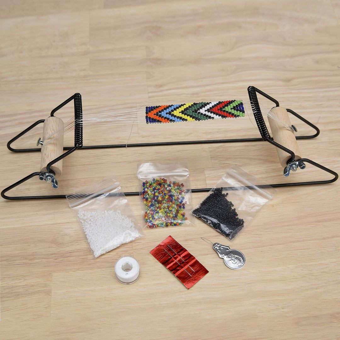 Metal Bead Loom Kit, Includes Loom (12.5 x 2.5 x 3), Thread, Needles, and 18 Grams Glass Beads for Bracelets, Necklaces, Belts, and More