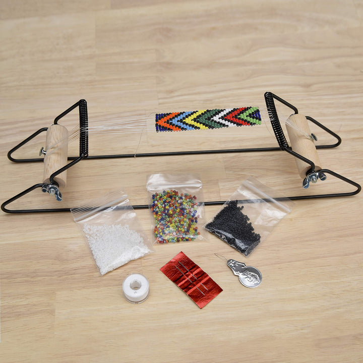 Metal Bead Loom Kit, Includes Loom (12.5 x 2.5 x 3), Thread, Needles, and 18 Grams Glass Beads for Bracelets, Necklaces, Belts, and More