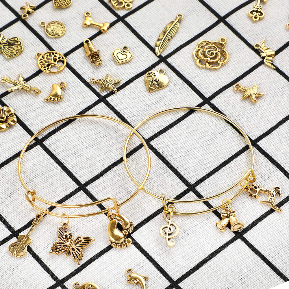 30Pcs gold Expandable Blank Bracelets Adjustable Wire Bangles with 100Pcs Tibetan Silver Charms, 200Pcs Open Jump Rings for Jewelry Making