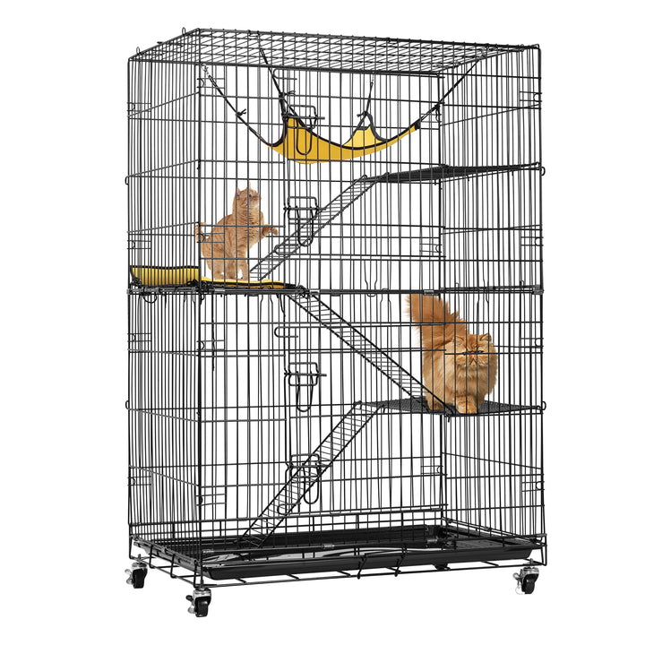 4-Tier 49 Inch Collapsible Metal Cat Kitten Ferret Cage 360° Rotating Casters Enclosure Pet Playpen with Ramp Ladders Hammock and Bed Black
