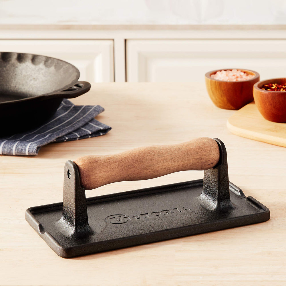 Cast Iron Panini Press, Burger Press, Bacon Press, Grill Press, Seasoned with 100% Kosher Certified Non-GMO Flaxseed Oil, Model Number: GAD-025