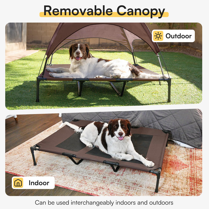 XLarge Outdoor Dog Bed, Elevated Pet Cot with Canopy, Durable Oxford Fabric, Extra Carrying Bag, for Camping or Beach - Brown