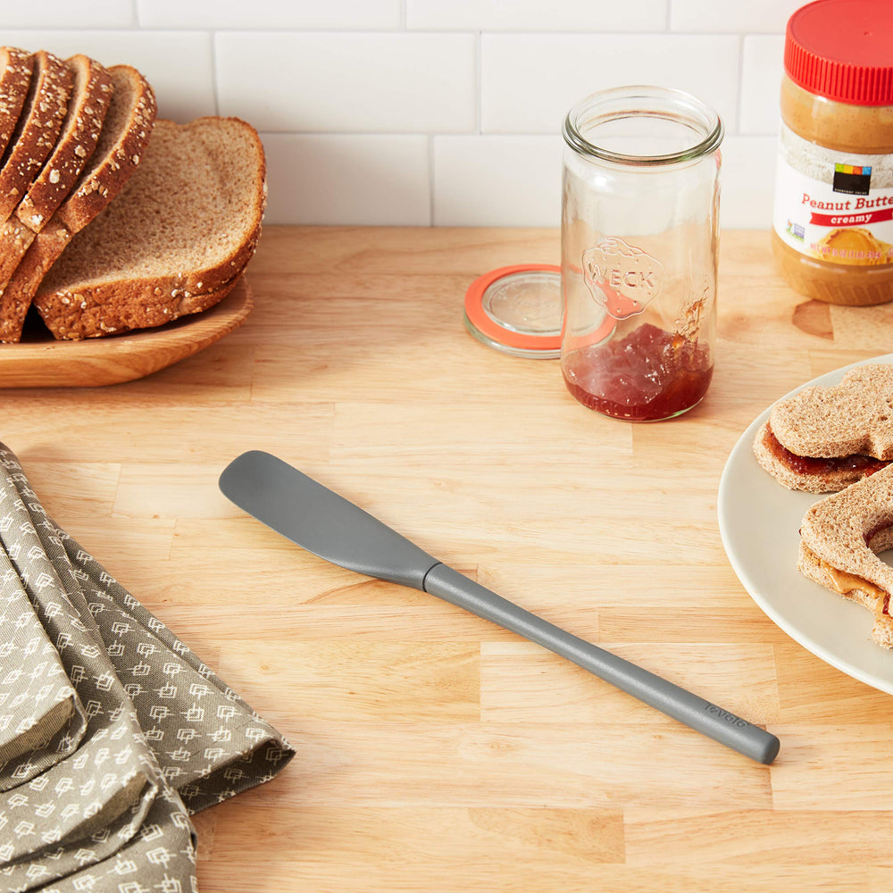 Flex-Core All-Silicone Long-Handled Jar Scraper Spatula, Angled Turner Head, Kitchen Tool With Flat Back & Curved Front for Scooping & Scraping, Charcoal