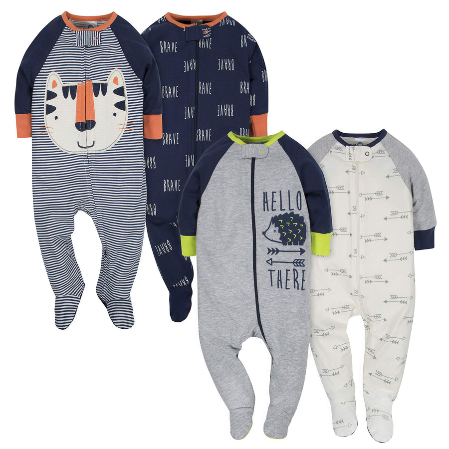 Baby Boys' 4 Pack Sleep 'N Play Footie, Tiger/Hedgehog, 0-3 Months