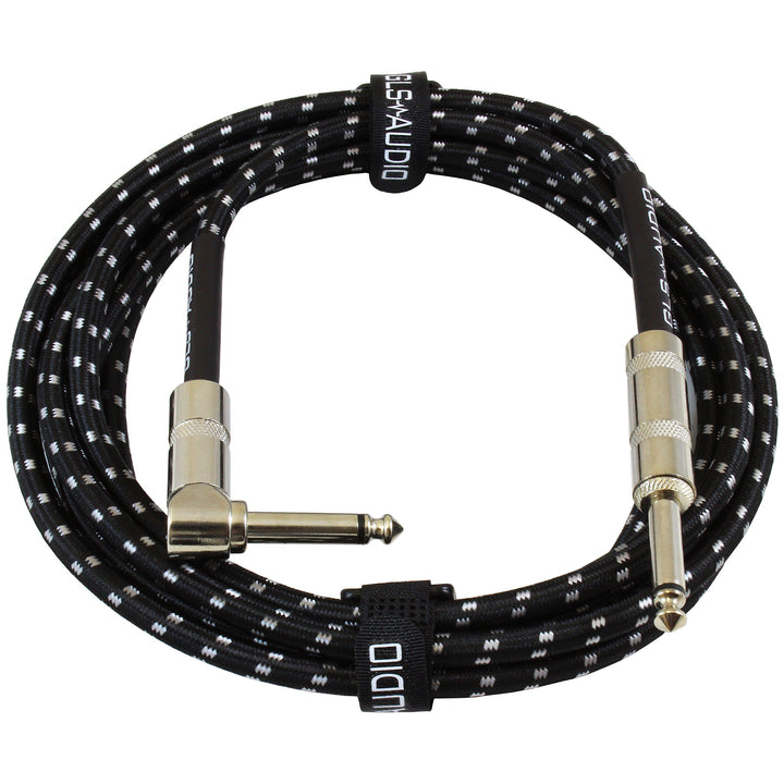 Instrument Cable - Amp Cord for Bass & Electric Guitar - Straight to Right Angle 1/4 Inch Instrument Cable - Black/Grey Braided Tweed, 10ft