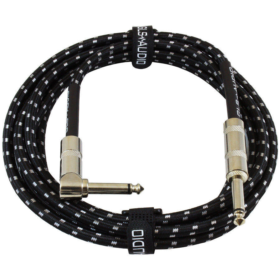 Instrument Cable - Amp Cord for Bass & Electric Guitar - Straight to Right Angle 1/4 Inch Instrument Cable - Black/Grey Braided Tweed, 10ft