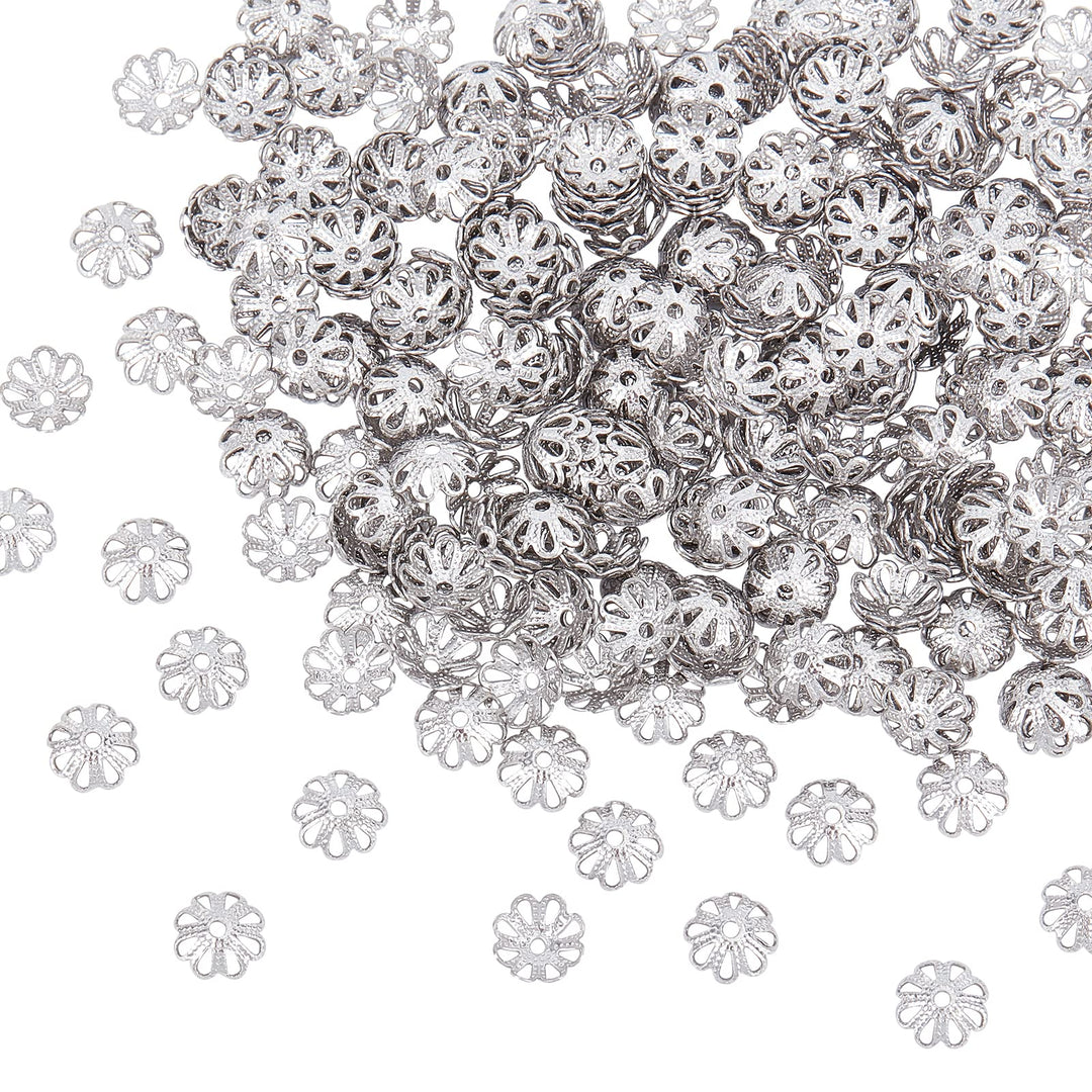 About 300pcs MultiPetal Flower Bead Caps 7mm Stainless Steel Hollow Spacer Caps Metal Bead Cap Spacers for Bracelet Necklace Jewelry Making Stainless Steel Color