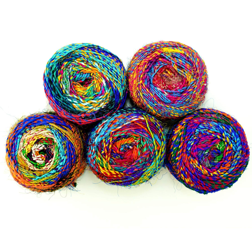 Recycled Sari Silk Yarn, Multi-Color Pure Silk Yarn, Made from Handspun Used Sari Fabric Ribbon Scraps, Rainbow Yarn for Knitting, Weaving & Crocheting 100 Grams per Ball (2-Pack)