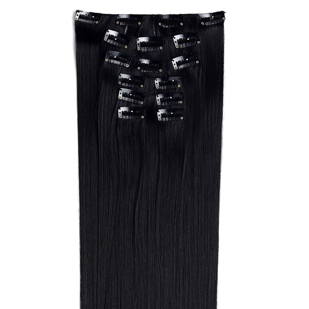 24 Straight Full Head Clip In Synthetic Hair Extensions 7pcs 140g (1b Off Black)