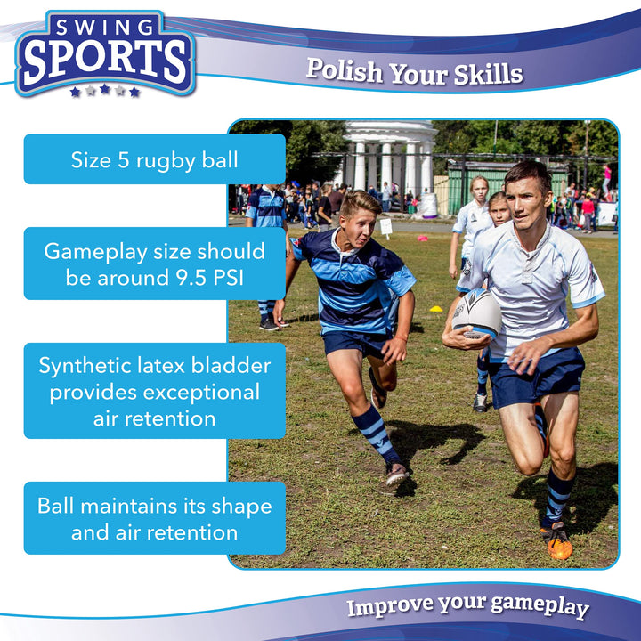 Rugby Ball - White, Black, and Blue Regulation Size 5 Match Rugby Training Ball for Practice or Gameplay