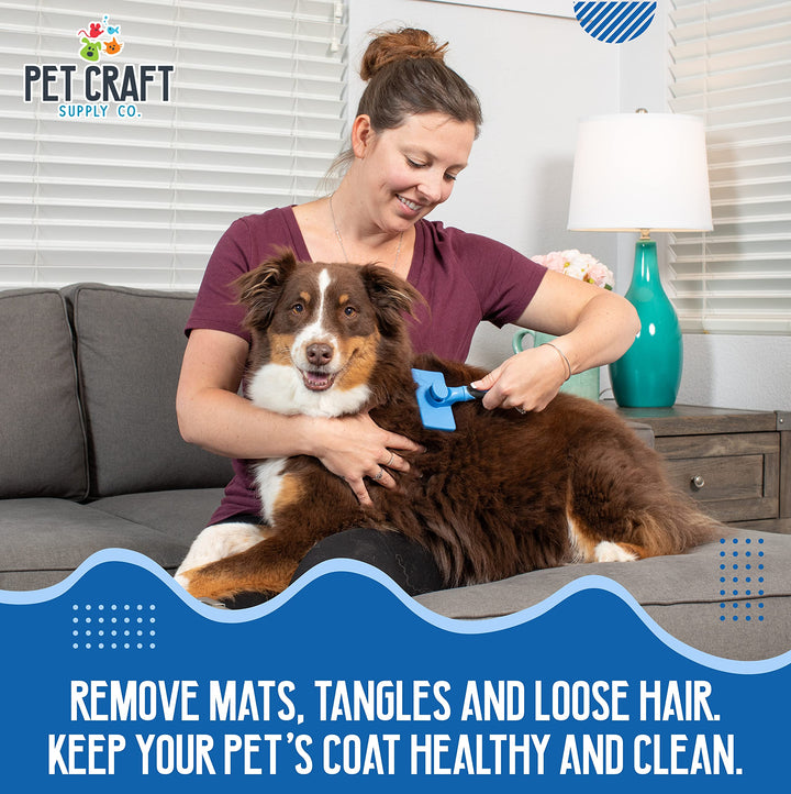 Self Cleaning Grooming Slicker Pet Brush for Cats and Dogs Short Long Haired Fur Small Medium Large Metal Pin Bristle Comb Undercoat DeShedding DeMatting Detangler Puppy Kitten Blue