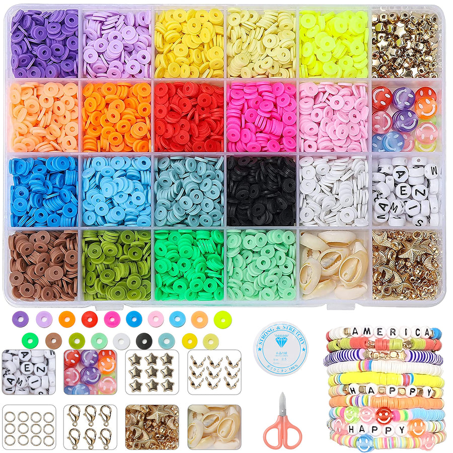 2022 New 4500 PCS Clay Beads for Bracelets Making, Polymer Clay Beads Kit 19 Colors Flat Beads for Jewelry Making DIY Round Disc Letter Beads for Necklace Making Set with Smiley Face Heishi Beads
