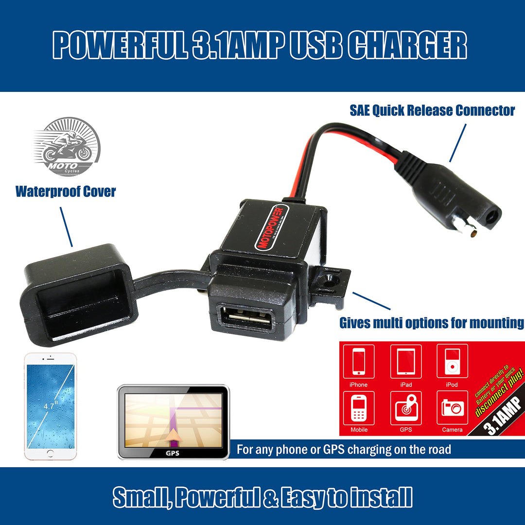 MP0609 3.1Amp Motorcycle USB Port SAE to USB Adapter