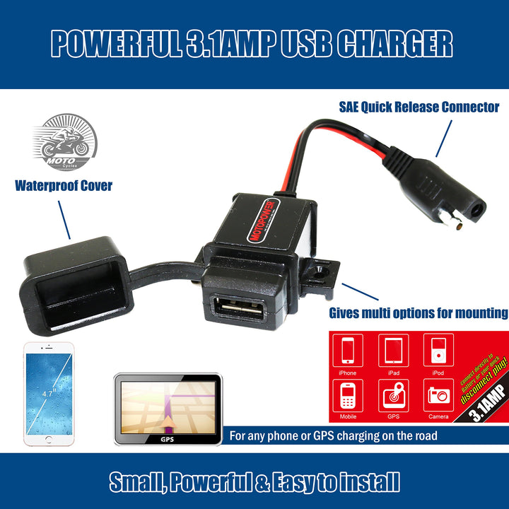 MP0609 3.1Amp Motorcycle USB Port SAE to USB Adapter